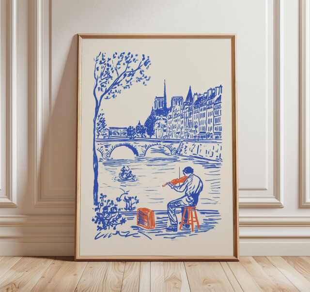 Paris Violinist Poster, Riverside Street Scene Art Print - image 1