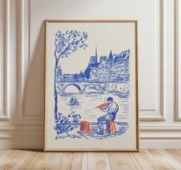 Paris Violinist Poster, Riverside Street Scene Art Print - thumbnail 1