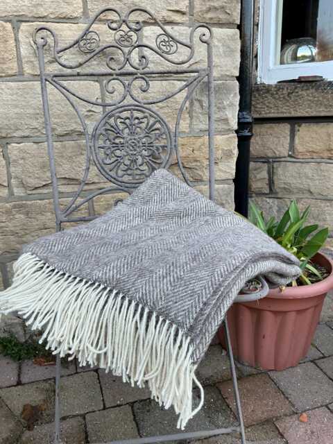 Brown Herringbone Shetland Wool Throw - Cream Fringe, Made in Yorkshire - image 1