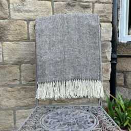 Brown Herringbone Shetland Wool Throw - Cream Fringe, Made in Yorkshire - thumbnail 2