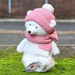 Concrete Polar Bear in Hat Statue Cute White Figurine Winter Home Decor Handmade Stone Animal Sculpture Garden Holiday Decoration Gift - thumbnail 1