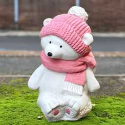 Concrete Polar Bear in Hat Statue Cute White Figurine Winter Home Decor Handmade Stone Animal Sculpture Garden Holiday Decoration Gift - thumbnail 4