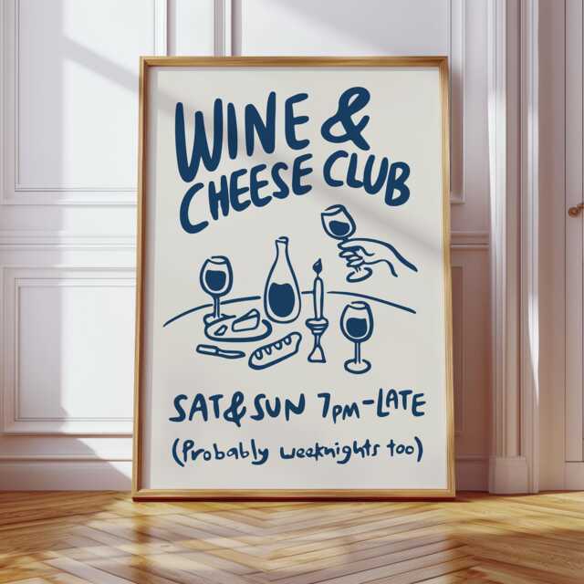 Wine & Cheese Club Print, Poster, Modern Dinning Room Art, Lover Gift, Kitchen Wall Retro Food Navy Blue 3039 - image 1