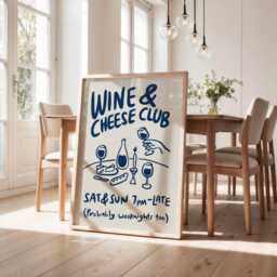 Wine & Cheese Club Print, Poster, Modern Dinning Room Art, Lover Gift, Kitchen Wall Retro Food Navy Blue 3039 - thumbnail 2