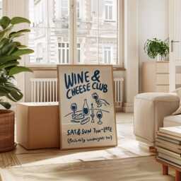 Wine & Cheese Club Print, Poster, Modern Dinning Room Art, Lover Gift, Kitchen Wall Retro Food Navy Blue 3039 - thumbnail 3