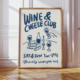 Wine & Cheese Club Print, Poster, Modern Dinning Room Art, Lover Gift, Kitchen Wall Retro Food Navy Blue 3039 - thumbnail 1
