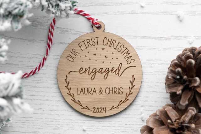 Personalised Our First Christmas Engaged 2025 Ornament - Wooden Laser Cut Tree Decoration - image 1