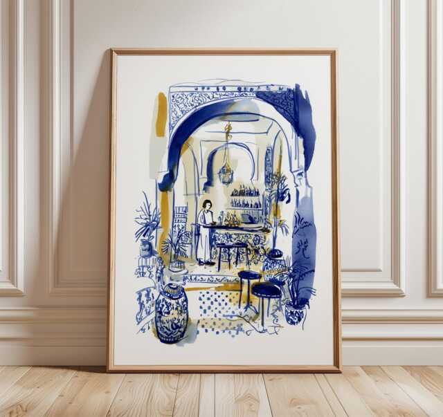 Moroccan Cafe Wall Art, Watercolor Line Art Print, Blue Gold Boho Poster, Mediterranean Kitchen Decor, Travel Modern Home Print - image 1