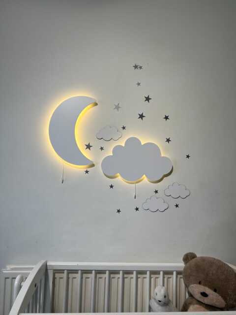 Set Of 2, Crescent & Cloud Wall Nightlight, 9V Battery Powered Nursery Lamps, Kids Room Decor, Adorable Gift For Baby Or Child - image 1