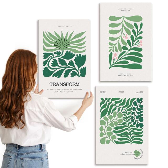 Canvas Set Of 3 - A Green Leaves & Plants in Various Shapes, Large Wall Art, Flowers Decor - image 1