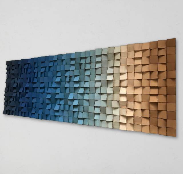 Ombre Wood Wall Art - Handmade Geometric Blue Mosaic - image 1