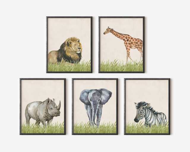 Safari Animal Wall Art - Jungle Nursery Prints, Set Of 5 - Printed Or Framed - image 1