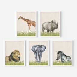 Safari Animal Wall Art - Jungle Nursery Prints, Set Of 5 - Printed Or Framed - thumbnail 2