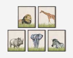 Safari Animal Wall Art - Jungle Nursery Prints, Set Of 5 - Printed Or Framed - thumbnail 1