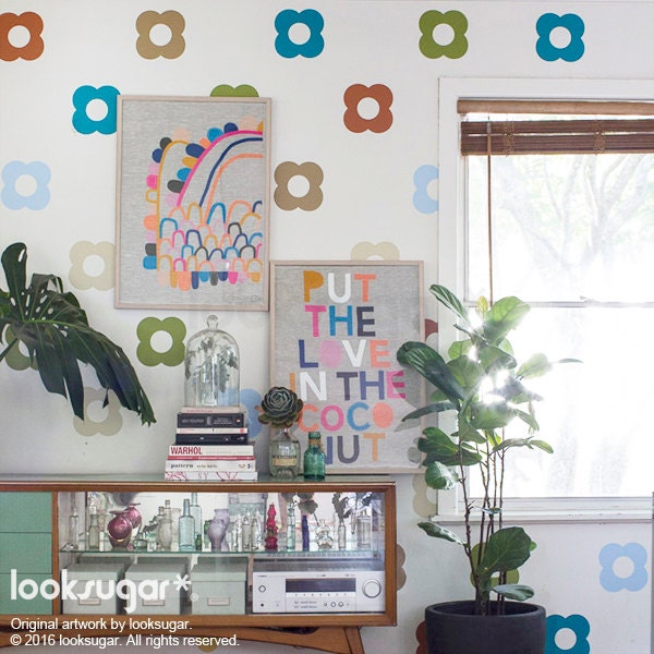 Mid Century Modern Floral Pattern Wall Decals With Wallpaper Effect - Removable Flower Decal Kitchen & Bathroom Tile . Ap0001Nf - image 1