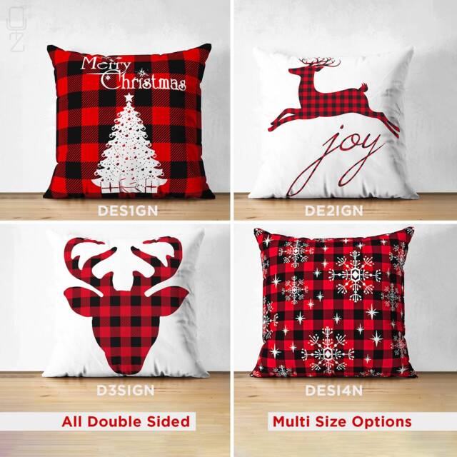 Christmas Throw Pillow Covers With Red & Black Colours - Plaid Pattern Xmas Tree & Reindeers Double Sided Printed On Suede Multi-Sizes - image 1