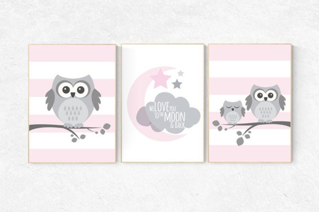 Owl Nursery Art Print, Pink & Gray, Moon & Stars - image 1