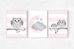 Owl Nursery Art Print, Pink & Gray, Moon & Stars - thumbnail 1