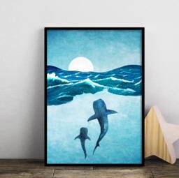 Whale Print, Shark Whales Ocean Art, New Baby Gift, Poster, Blue Nautical Wall Home Print - thumbnail 1