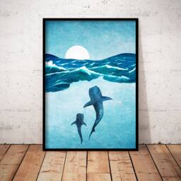 Whale Print, Shark Whales Ocean Art, New Baby Gift, Poster, Blue Nautical Wall Home Print - thumbnail 2