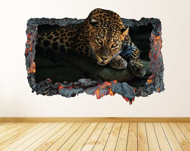 Leopard Wall Decal 3D Smashed Lava Fire Art Sticker Kids Bedroom Decor