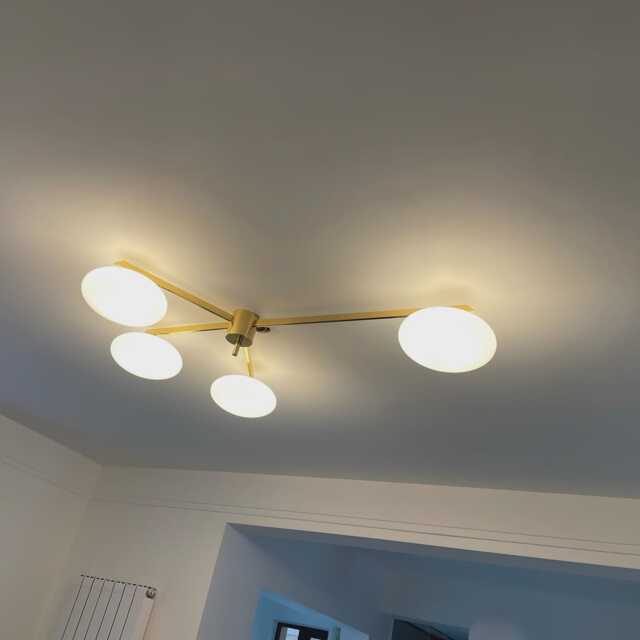 Mid-Century Modern Handmade Brass Sputnik Chandelier, Opal Glass, Lelli Four Arms Fixture - image 1