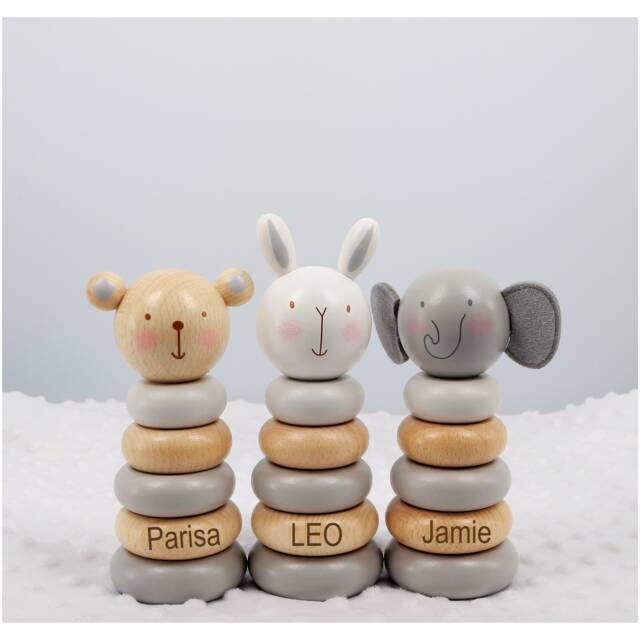 Personalised Wooden Stacking Rings Montessori Baby Toy, Lion, Elephant, Bunny, New Baby, Christmas - image 1