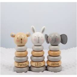 Personalised Wooden Stacking Rings Montessori Baby Toy, Lion, Elephant, Bunny, New Baby, Christmas - thumbnail 1