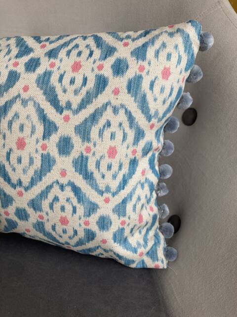 Blue Saphira Habana Ikat Cushion Grey Pom Trim/Rectangular Modern UK Handmade Furnishings - image 1