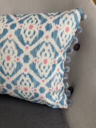 Blue Saphira Habana Ikat Cushion Grey Pom Trim/Rectangular Modern UK Handmade Furnishings - thumbnail 1