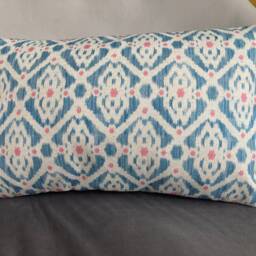 Blue Saphira Habana Ikat Cushion Grey Pom Trim/Rectangular Modern UK Handmade Furnishings - thumbnail 3