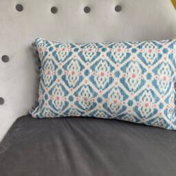 Blue Saphira Habana Ikat Cushion Grey Pom Trim/Rectangular Modern UK Handmade Furnishings - thumbnail 2
