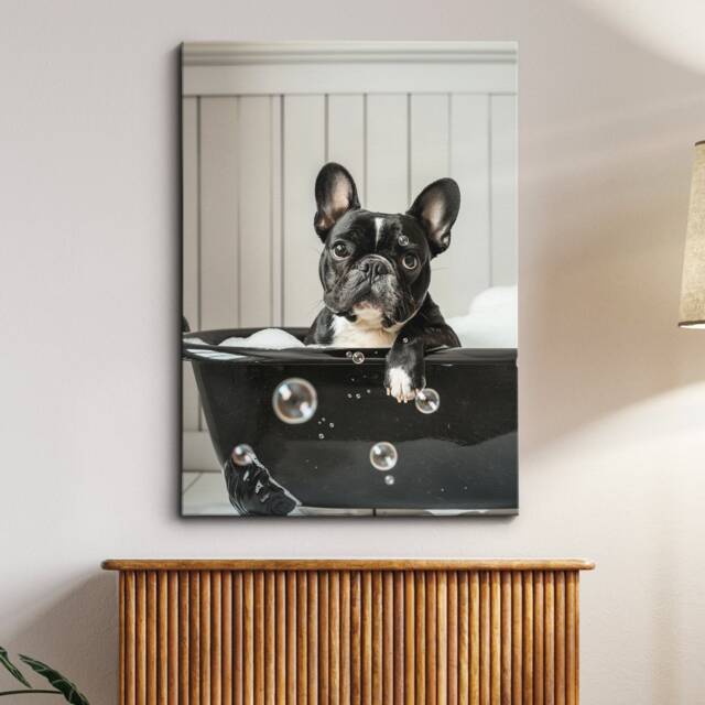 French Bulldog in The Bathtub Dog Pet Abstract Modern Painting Black & White Wall Art Framed Canvas Poster Print, Home Kitchen Office Decor - image 1