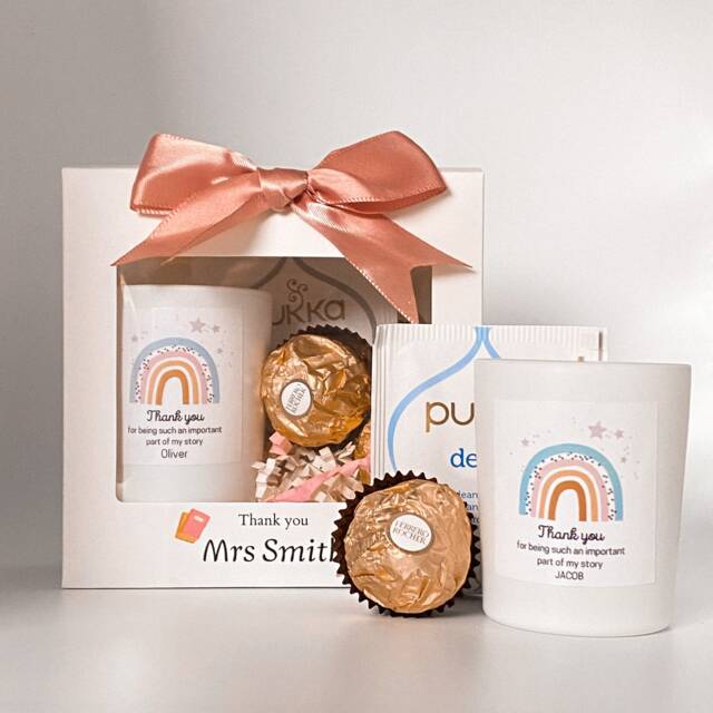 Teacher Thank You Gift, Personalised Headteacher Gift Set, Handcrafted Wax Candle, Hand Designed Logo Candle Present, Scented Coconut - image 1