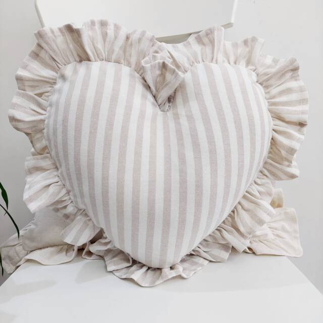 Bohemian Linen Striped Heart Pillow Cover With Frill Edges - image 1