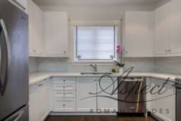 Custom Flat Roman Shade, White Faux Linen With Silver Greek Key Border