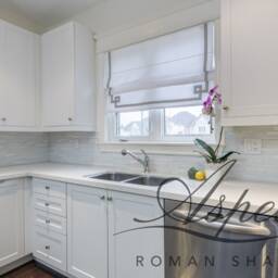 Custom Flat Roman Shade, White Faux Linen With Silver Greek Key Border - thumbnail 3