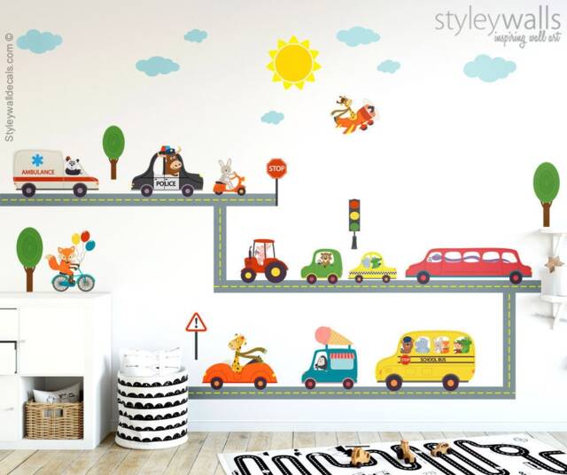 Transportation Wall Decal, Vehicles & Animals Sticker, Car Bus Truck Ambulance Decals, Kids Nursery Baby Room Decor - image 1