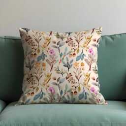 Watercolor Botanical Throw Cushion Cover, Soft Beige Pillow Case With Painted Leaves & Floral Accents, Cozy Home Decor - thumbnail 3