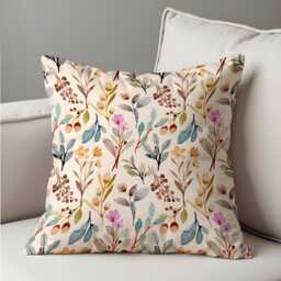 Watercolor Botanical Throw Cushion Cover, Soft Beige Pillow Case With Painted Leaves & Floral Accents, Cozy Home Decor - thumbnail 4