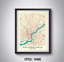 Philadelphia Map Print Pa Travel Poster, Office Wall Art - 1940S Style - thumbnail 1