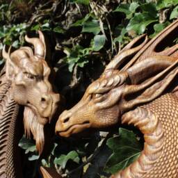 Iroko Wood Carving Dragon Love, Rustic Norse Wall Art - thumbnail 3