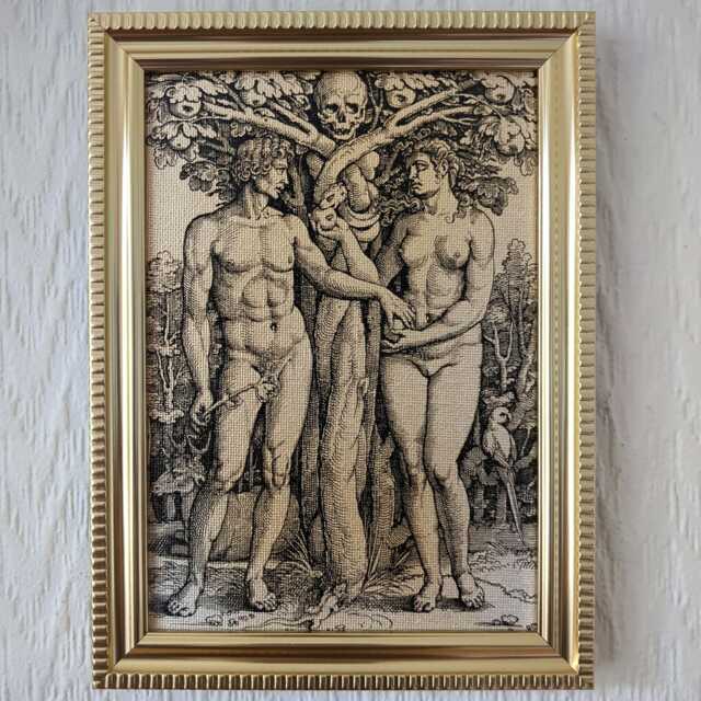 "Adam & Eve - 16Th Century Woodcut Reproduction On Canvas Hans Sebald Beham Memento Mori 5""x7" - image 1