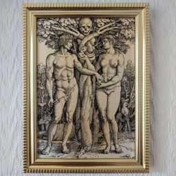 "Adam & Eve - 16Th Century Woodcut Reproduction On Canvas Hans Sebald Beham Memento Mori 5""x7" - thumbnail 1