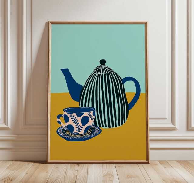Yellow Teapot & Cup Wall Art, Modern Kitchen Poster With Blue Floral Design, Minimalist Still Life Print For Cozy Dining Room Decor - image 1
