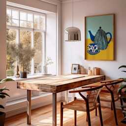 Yellow Teapot & Cup Wall Art, Modern Kitchen Poster With Blue Floral Design, Minimalist Still Life Print For Cozy Dining Room Decor - thumbnail 3