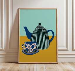 Yellow Teapot & Cup Wall Art, Modern Kitchen Poster With Blue Floral Design, Minimalist Still Life Print For Cozy Dining Room Decor - thumbnail 1