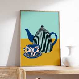 Yellow Teapot & Cup Wall Art, Modern Kitchen Poster With Blue Floral Design, Minimalist Still Life Print For Cozy Dining Room Decor - thumbnail 2