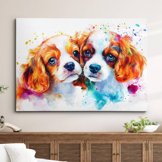 Cavalier King Charles Spaniels Abstract Paint Splash Dog Pet Wall Art, Framed Canvas Poster Print, Home Kitchen Office Room Decor - image 1