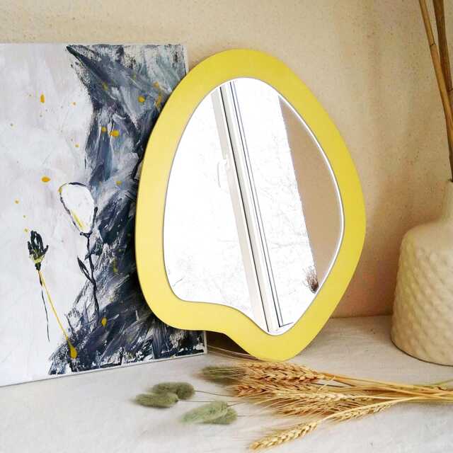Oval Pastel Yellow Wavy Mirror, Funky Wood Asymmetrical Wall Decor - image 1